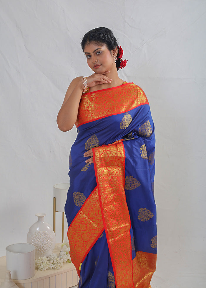 Blue Dupion Silk Saree With Blouse Piece - Indian Silk House Agencies