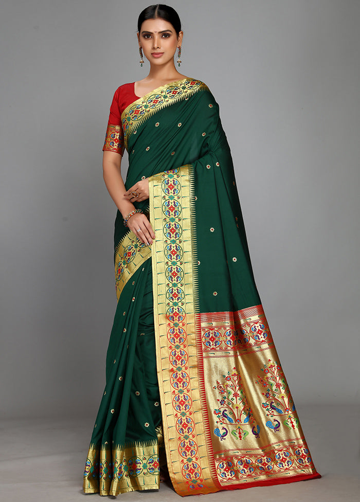 Bottle Green Paithani Spun Silk Saree With Blouse Piece - Indian Silk House Agencies