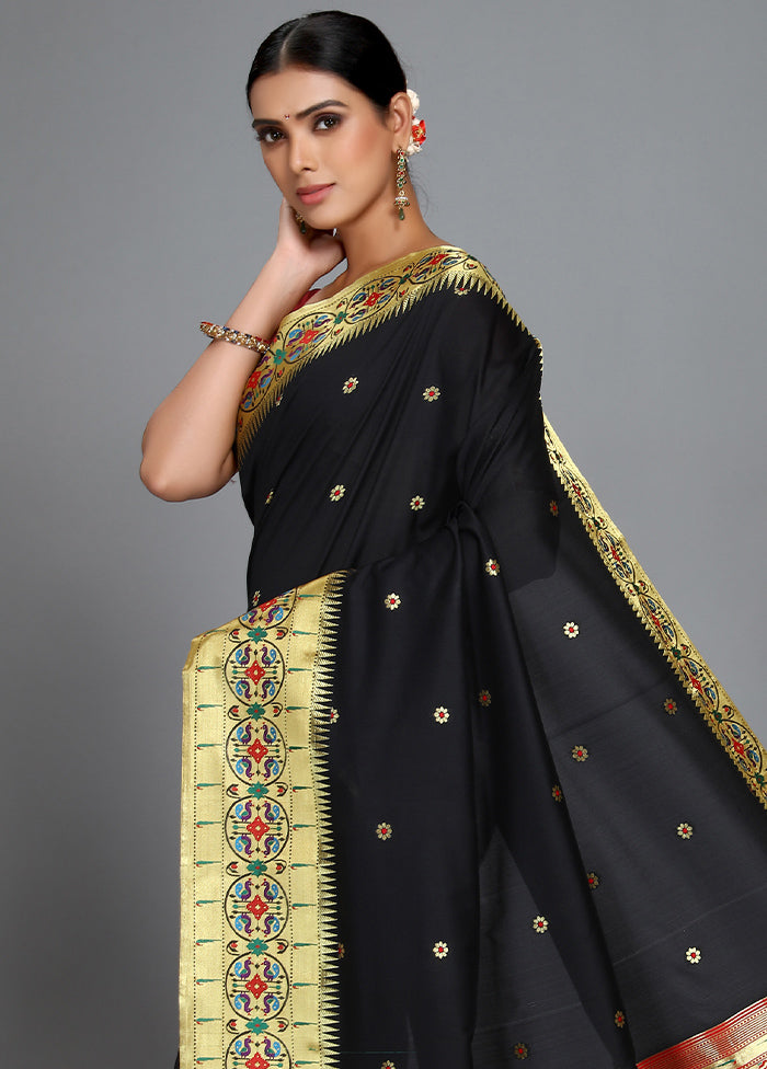 Black Paithani Spun Silk Saree With Blouse Piece - Indian Silk House Agencies