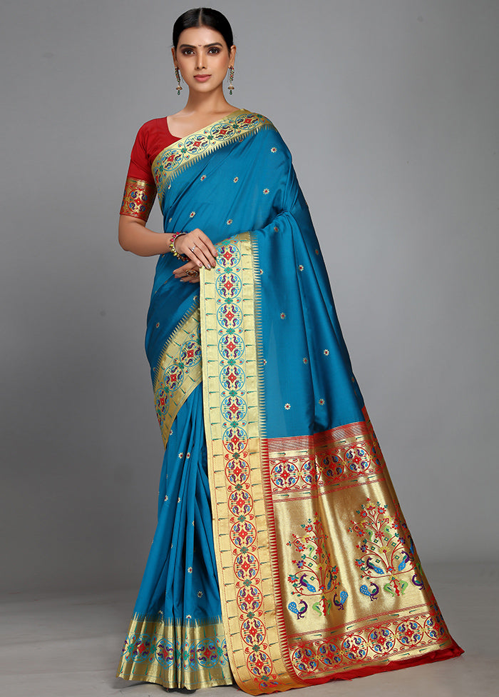 Sky Blue Paithani Spun Silk Saree With Blouse Piece - Indian Silk House Agencies