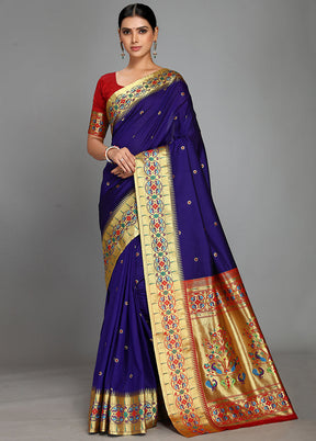 Indigo Blue Paithani Spun Silk Saree With Blouse Piece - Indian Silk House Agencies