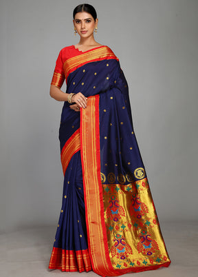 Navy Blue Paithani Spun Silk Saree With Blouse Piece - Indian Silk House Agencies