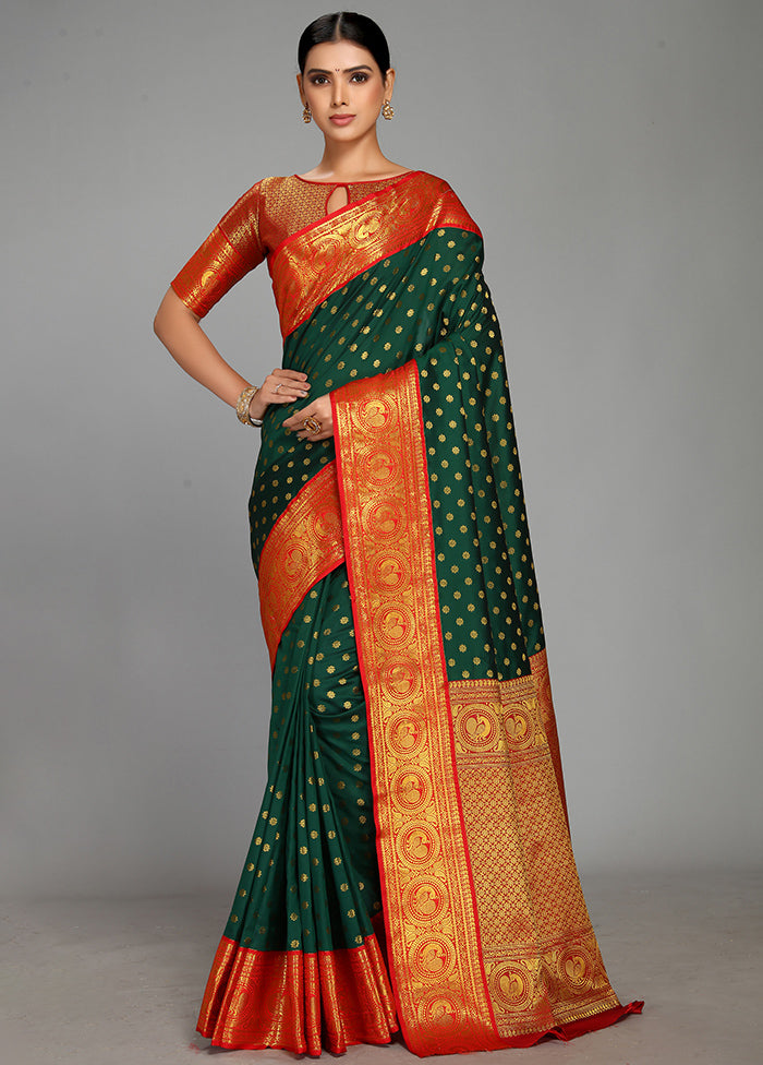 Bottle Green Spun Silk Saree With Blouse Piece - Indian Silk House Agencies