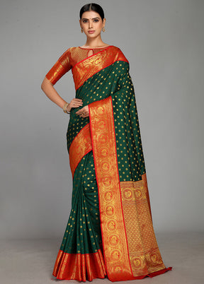 Bottle Green Spun Silk Saree With Blouse Piece - Indian Silk House Agencies