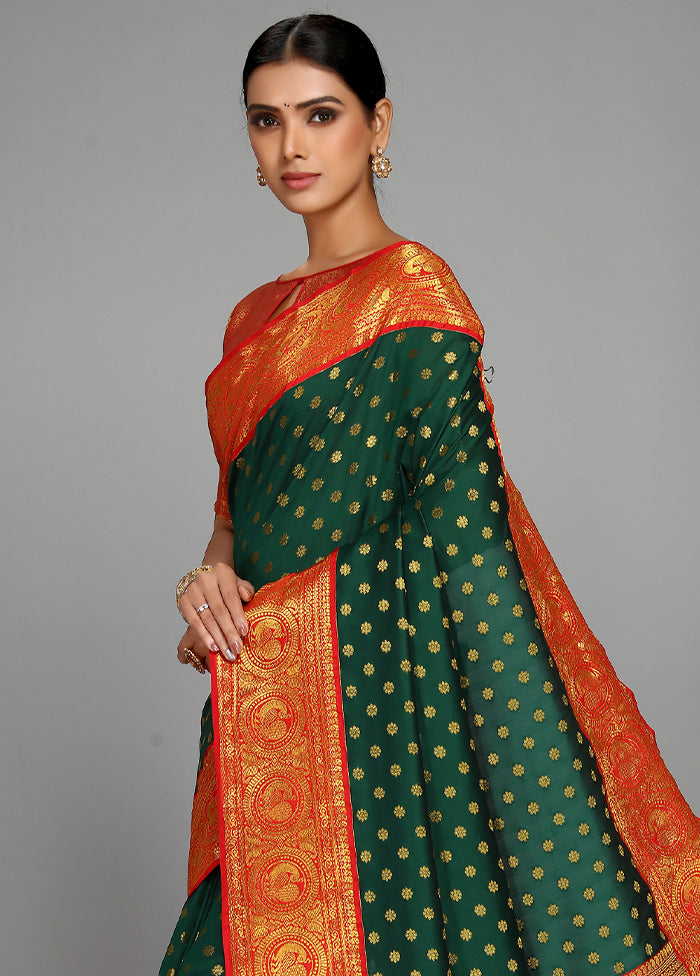 Bottle Green Spun Silk Saree With Blouse Piece - Indian Silk House Agencies