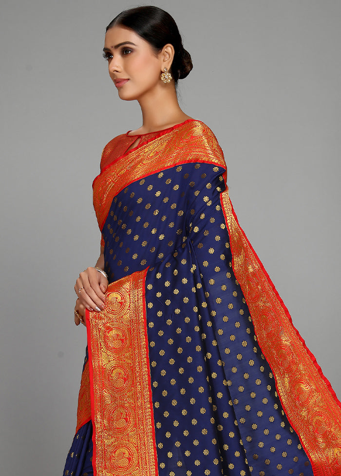 Navy Blue Spun Silk Saree With Blouse Piece - Indian Silk House Agencies