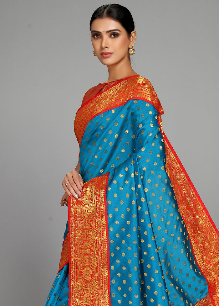 Sky Blue Spun Silk Saree With Blouse Piece - Indian Silk House Agencies