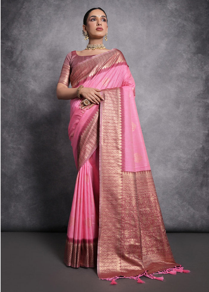 Baby Pink Tussar Silk Saree With Blouse Piece