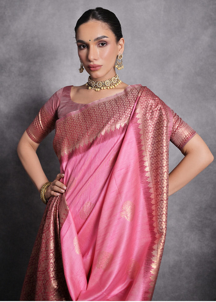 Baby Pink Tussar Silk Saree With Blouse Piece