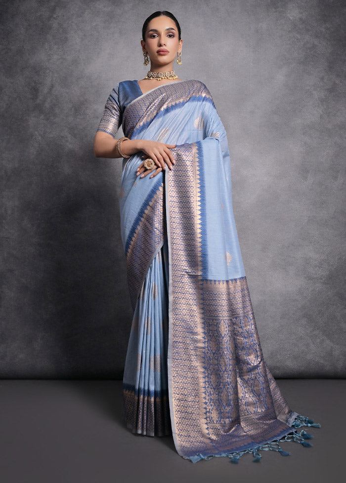 Blue Tussar Silk Saree With Blouse Piece