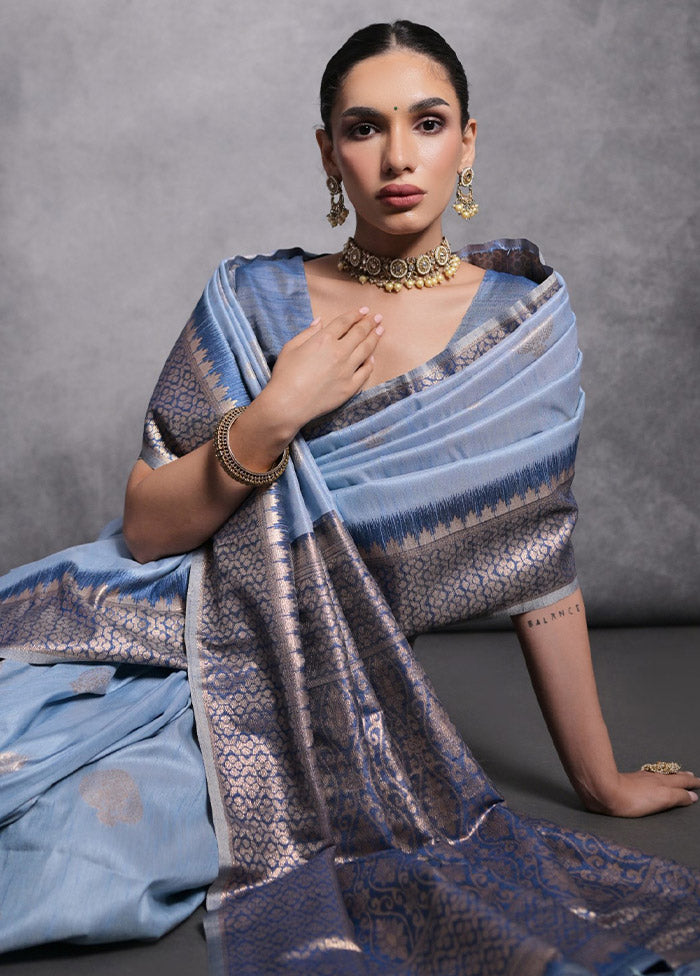 Blue Tussar Silk Saree With Blouse Piece