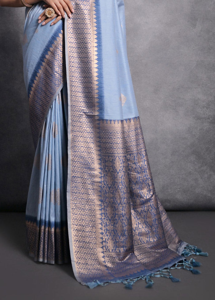 Blue Tussar Silk Saree With Blouse Piece