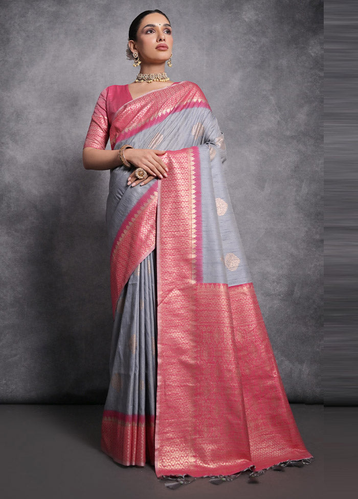 Grey Tussar Silk Saree With Blouse Piece