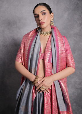 Grey Tussar Silk Saree With Blouse Piece