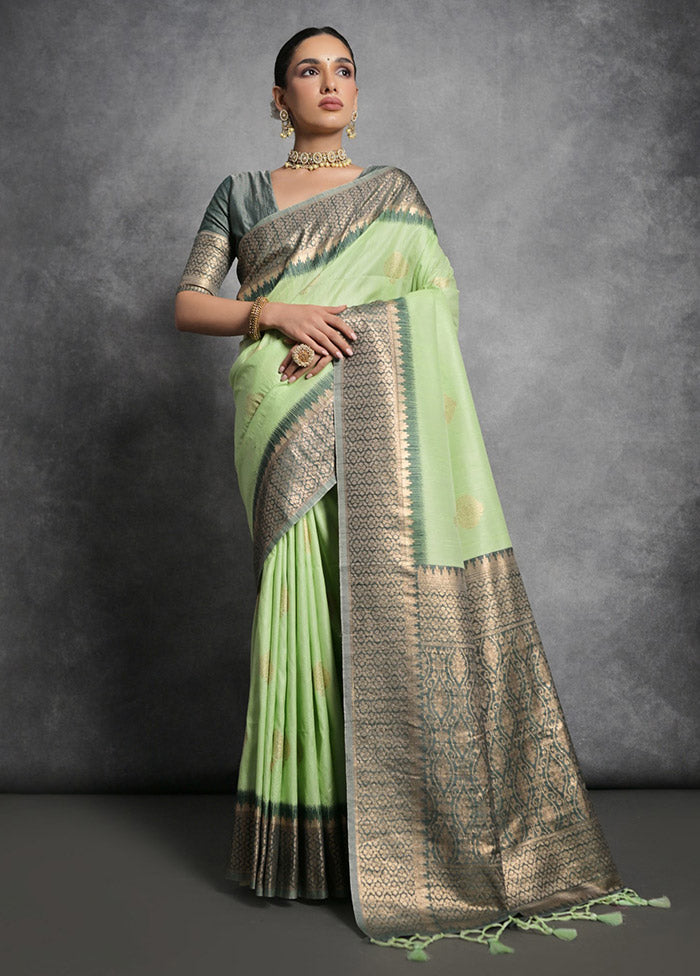 Pista Green Tussar Silk Saree With Blouse Piece