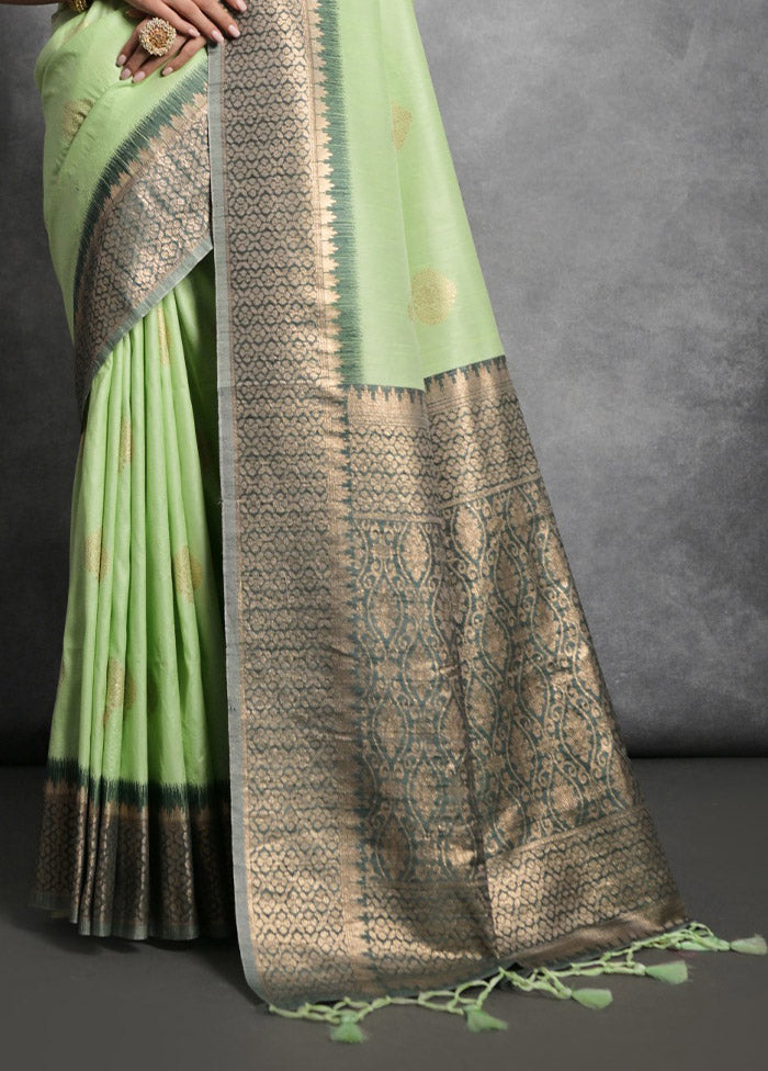 Pista Green Tussar Silk Saree With Blouse Piece