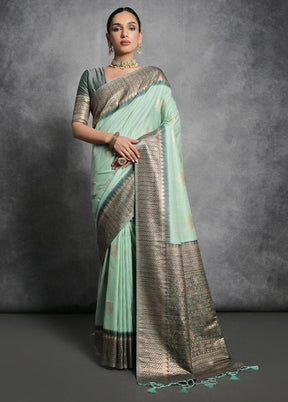 Sea Green Tussar Silk Saree With Blouse Piece