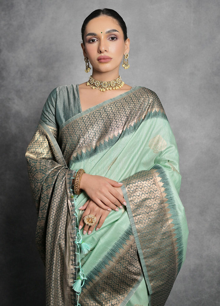 Sea Green Tussar Silk Saree With Blouse Piece