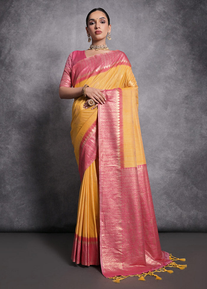 Yellow Tussar Silk Saree With Blouse Piece