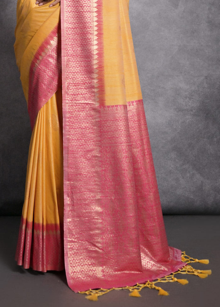 Yellow Tussar Silk Saree With Blouse Piece