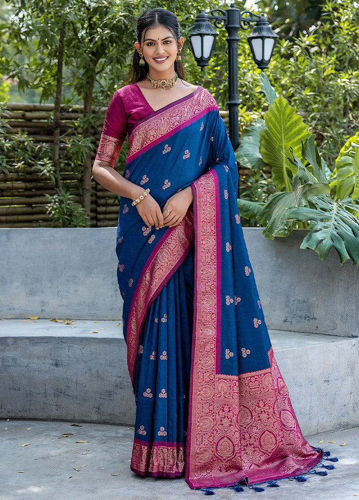 Navy Blue Banarasi Silk Saree With Blouse Piece