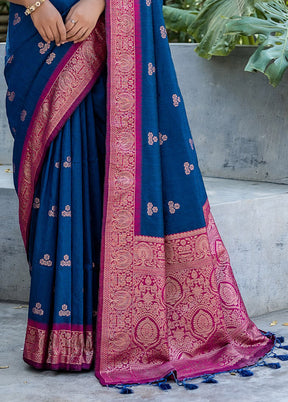 Navy Blue Banarasi Silk Saree With Blouse Piece