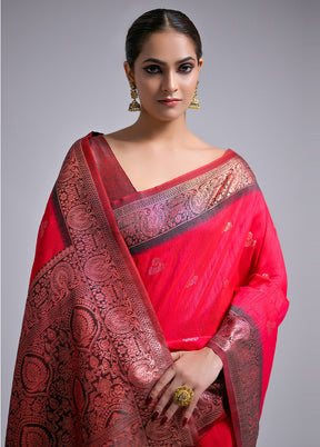 Pink Banarasi Silk Saree With Blouse Piece