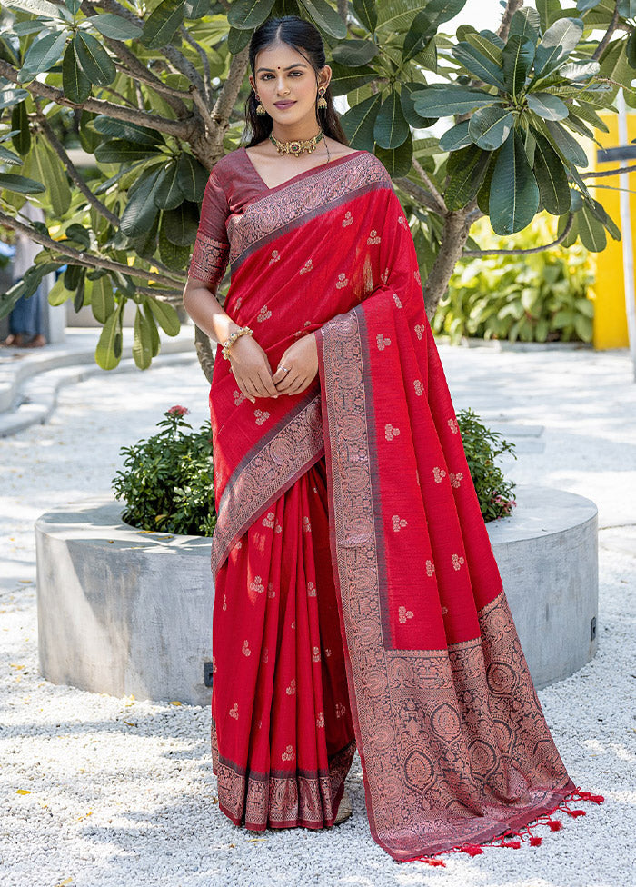 Red Banarasi Silk Saree With Blouse Piece