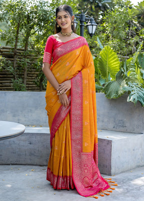 Yellow Banarasi Silk Saree With Blouse Piece