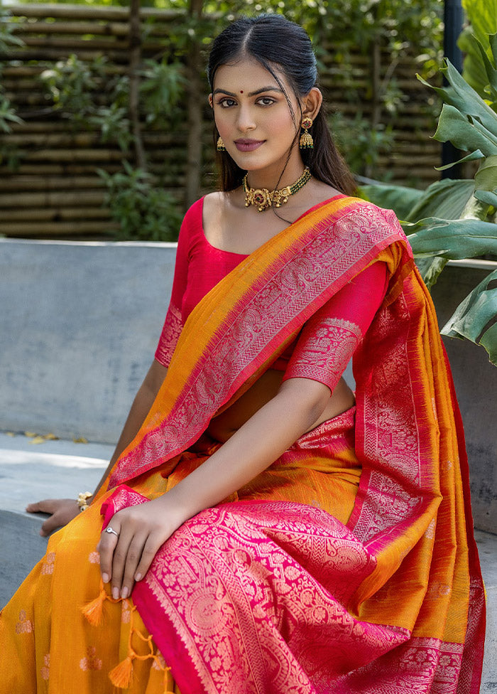 Yellow Banarasi Silk Saree With Blouse Piece