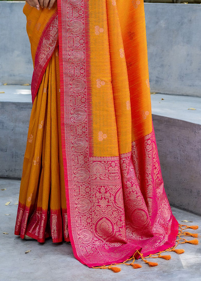 Yellow Banarasi Silk Saree With Blouse Piece