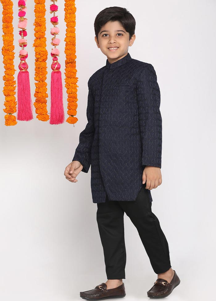 2 Pc Navy Blue Silk Sherwani Set - Indian Silk House Agencies