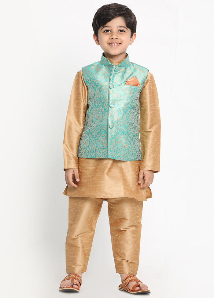 Green Silk Kurta Pajama Set With Jacket - Indian Silk House Agencies