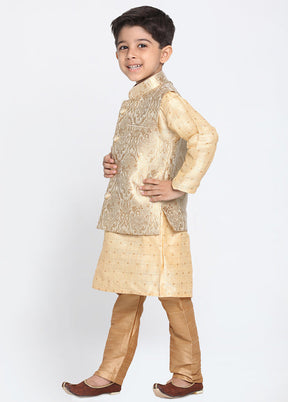 Gold Silk Kurta Pajama Set With Jacket - Indian Silk House Agencies