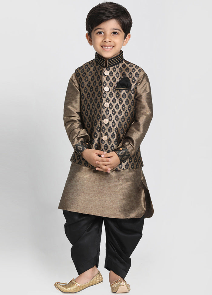 Gold Silk Kurta Pajama Set With Jacket - Indian Silk House Agencies