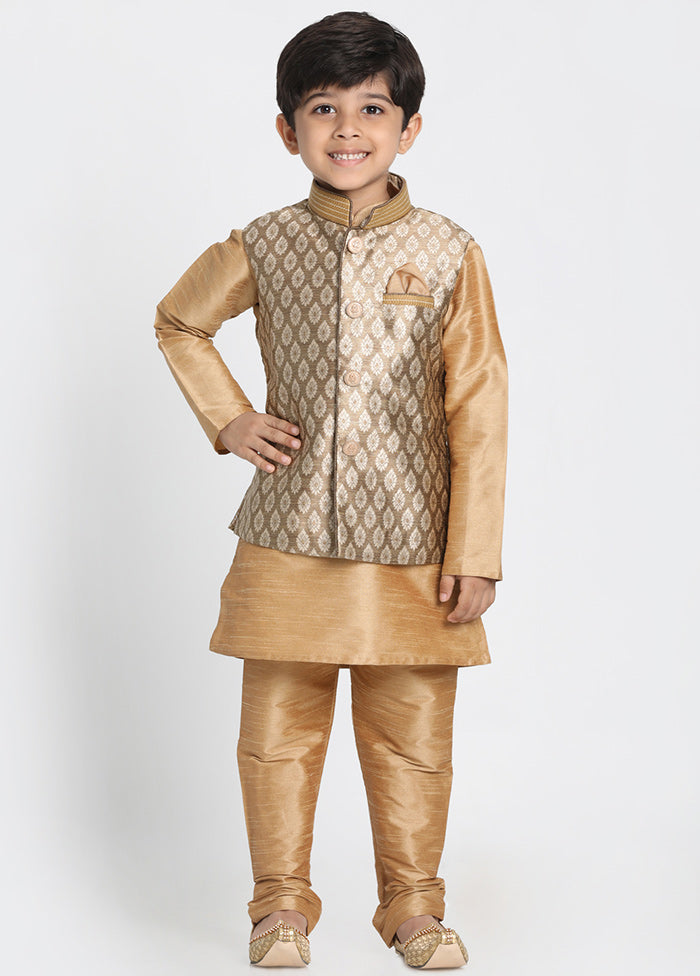 Gold Silk Kurta Pajama Set With Jacket - Indian Silk House Agencies