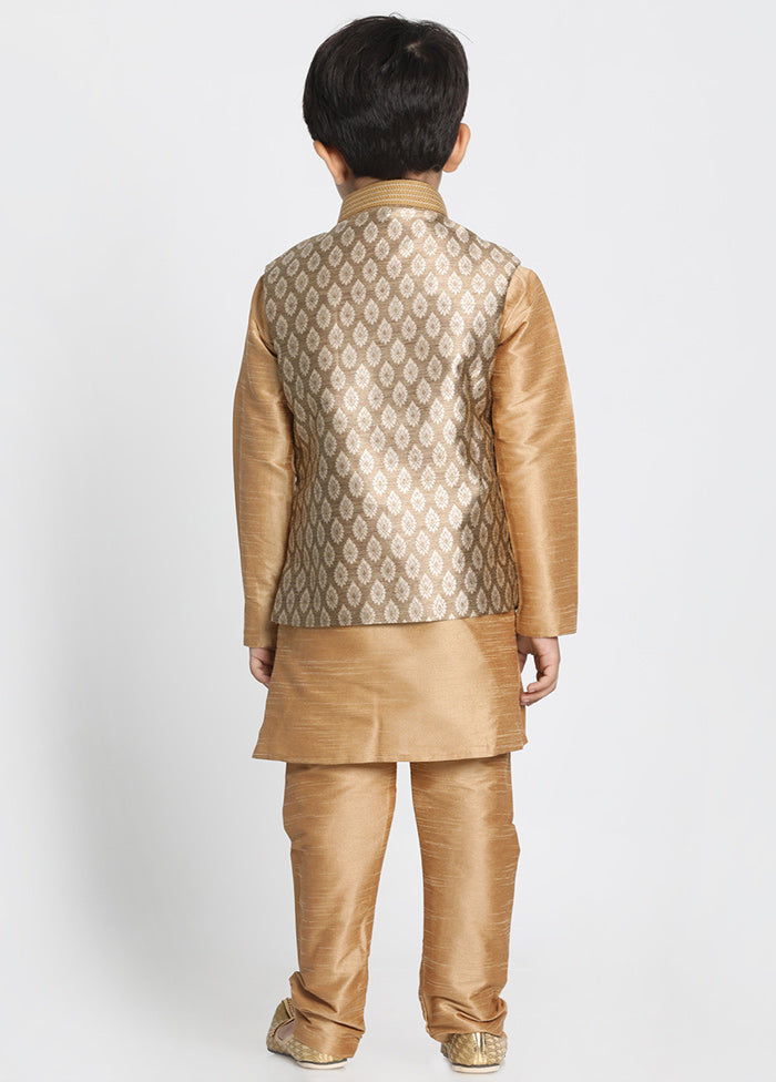 Gold Silk Kurta Pajama Set With Jacket - Indian Silk House Agencies