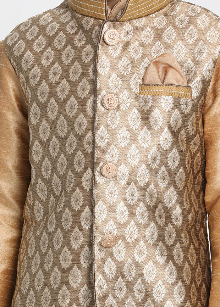 Gold Silk Kurta Pajama Set With Jacket - Indian Silk House Agencies