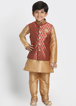 Gold Silk Kurta Pajama Set With Jacket - Indian Silk House Agencies