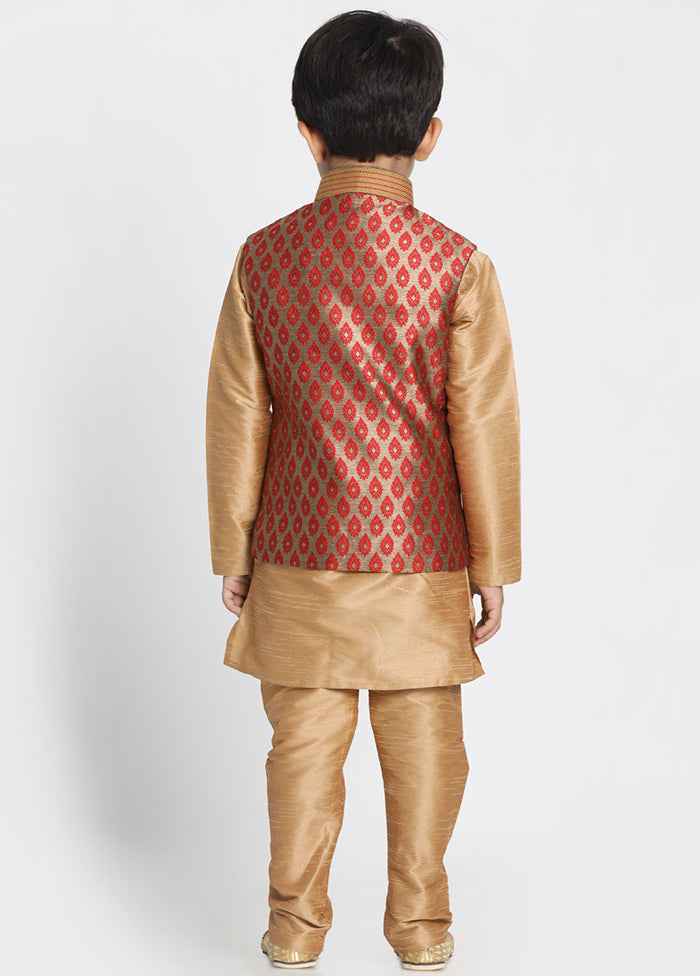 Gold Silk Kurta Pajama Set With Jacket - Indian Silk House Agencies