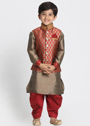 Gold Silk Kurta Pajama Set With Jacket - Indian Silk House Agencies