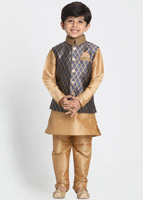 Gold Silk Kurta Pajama Set With Jacket - Indian Silk House Agencies