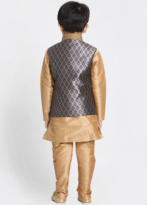 Gold Silk Kurta Pajama Set With Jacket - Indian Silk House Agencies