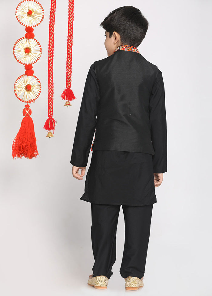 Black Silk Kurta Pajama Set With Jacket - Indian Silk House Agencies