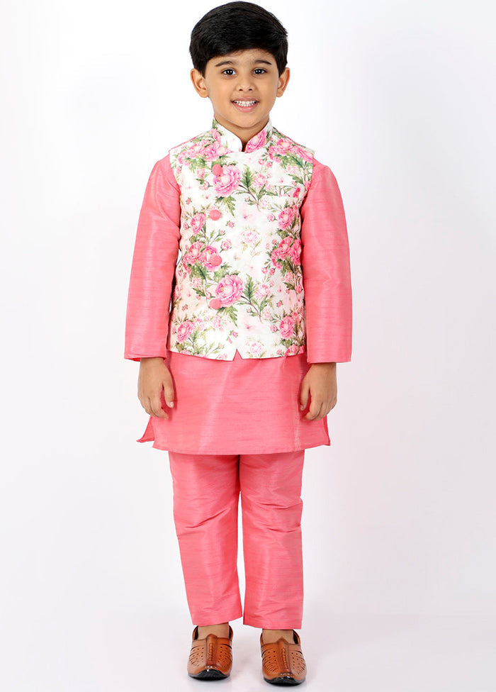 Pink Silk Kurta Pajama Set With Jacket - Indian Silk House Agencies