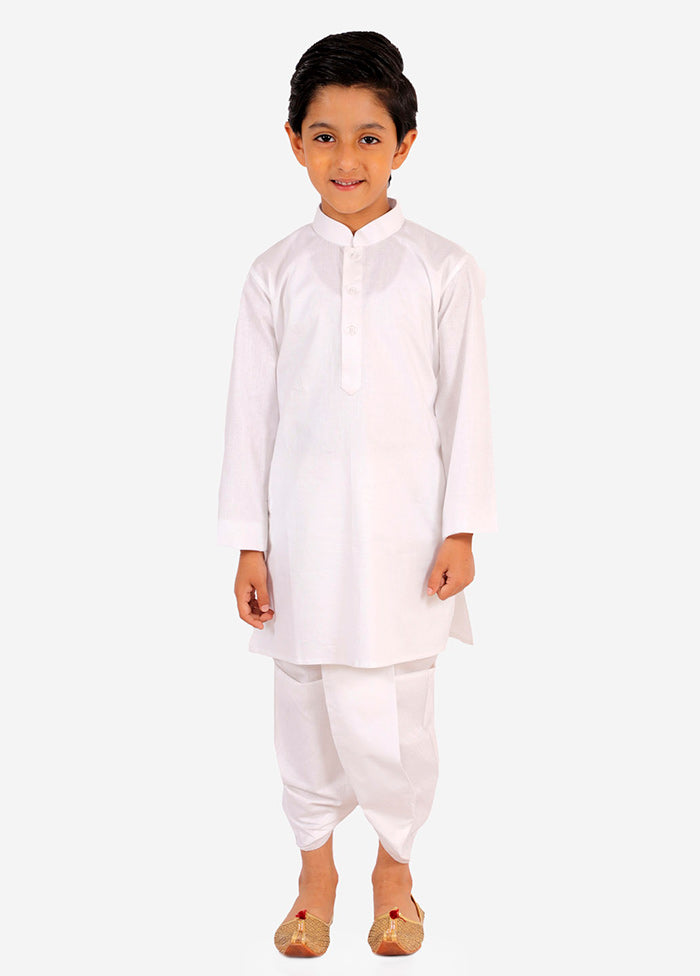 White Festive Cotton Kurta Pajama Set - Indian Silk House Agencies