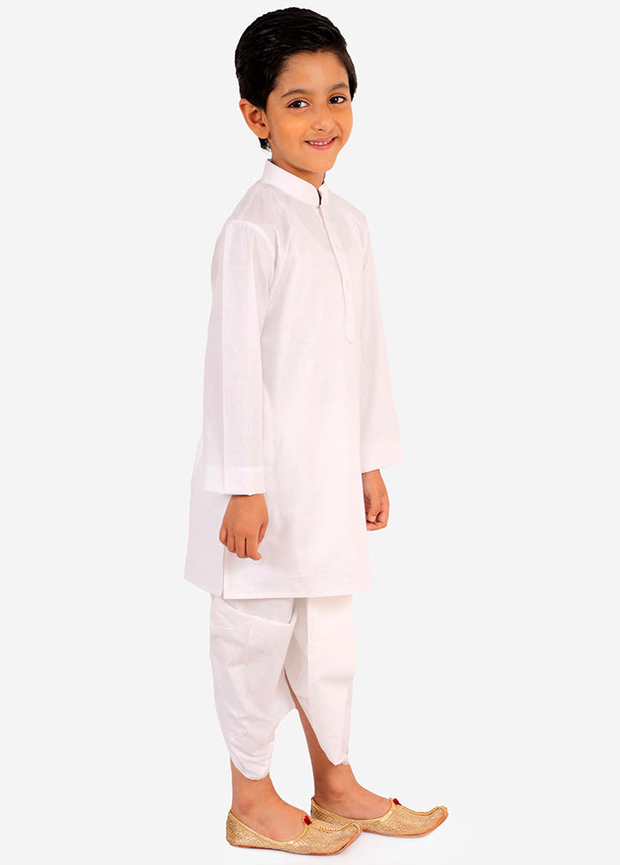 White Festive Cotton Kurta Pajama Set - Indian Silk House Agencies