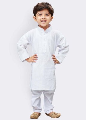 White Festive Cotton Kurta Pajama Set - Indian Silk House Agencies