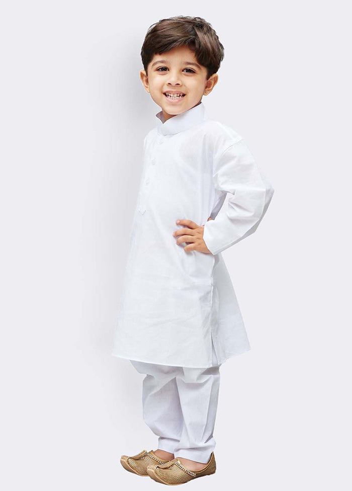 White Festive Cotton Kurta Pajama Set - Indian Silk House Agencies