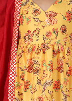 Yellow Floral Printed Long Length Anarkali Dress With Dupatta - Indian Silk House Agencies